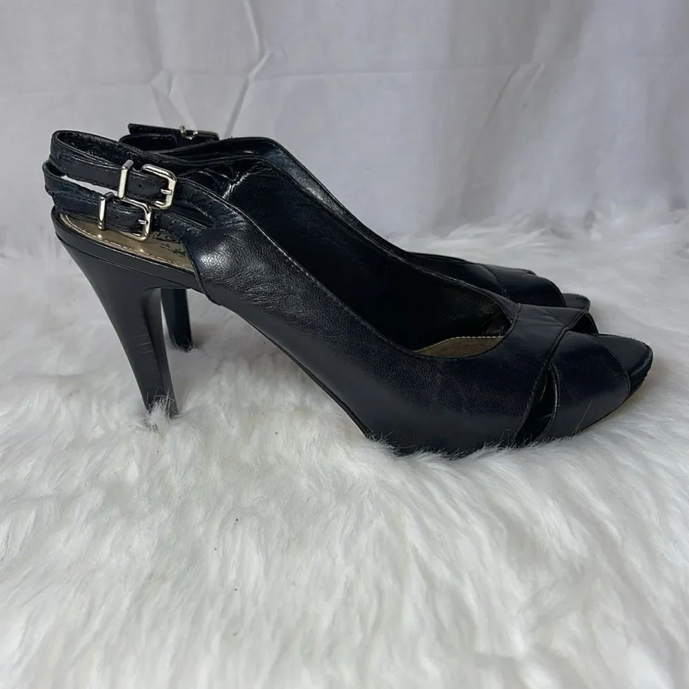 Antonio Milani Black Leather Platform Slingback‎ Peep Toe Heels Sz 8.5